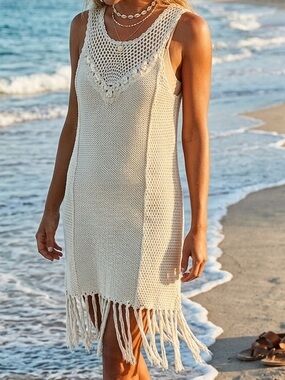 NWT Umgee Cream Crochet Fringe Swim Cover-Up